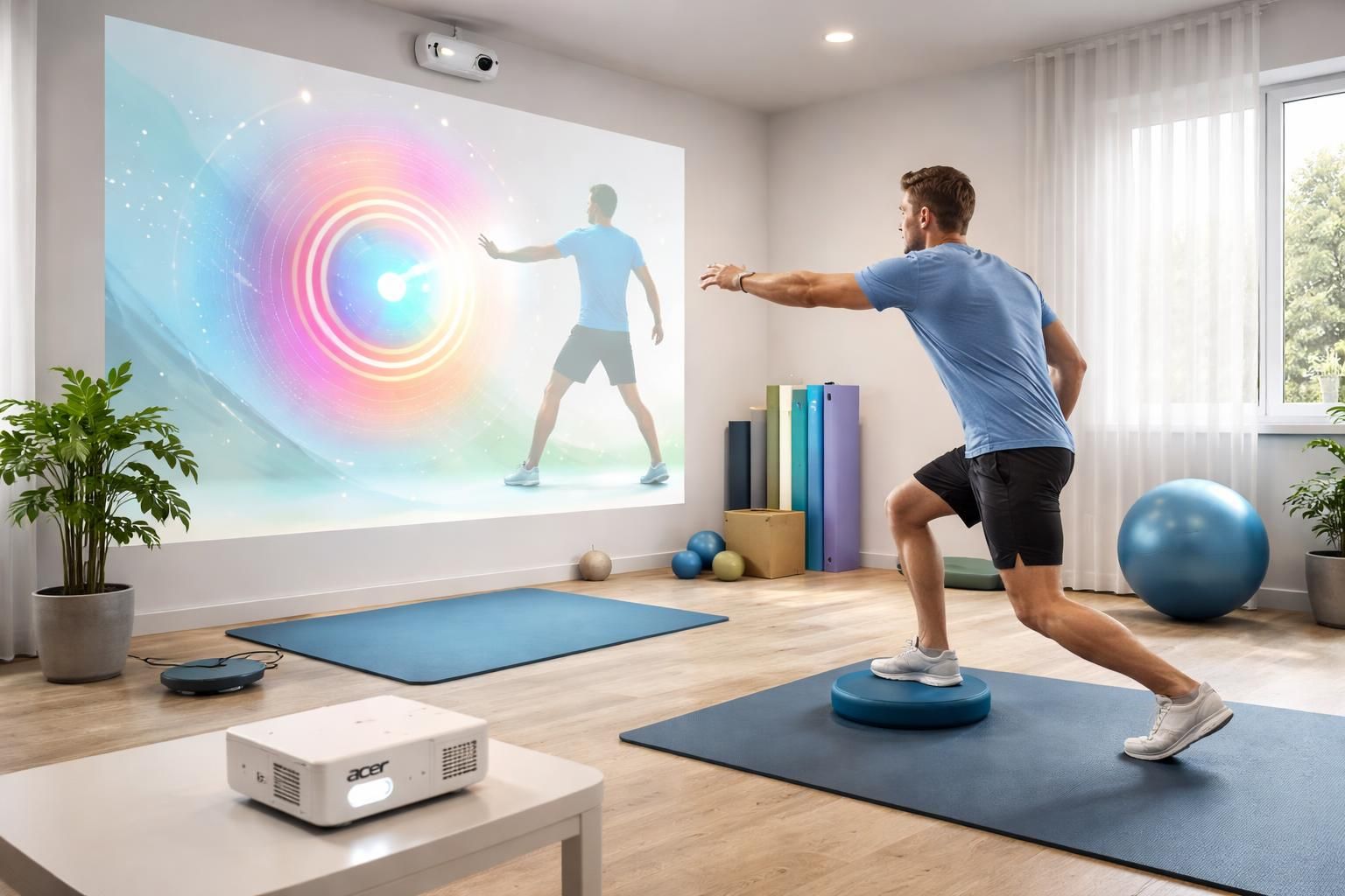 découvrez la kinésithérapie innovante avec des exercices projetés au mur grâce au mini vidéoprojecteur acer, pour une séance interactive et motivante.