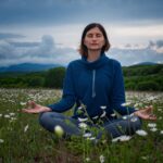 A young woman doing yoga in the field.