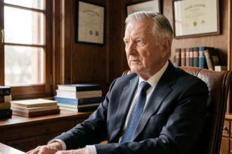 Portrait d'un homme politique français âgé en costume sombre, assis dans un bureau classique avec des livres politiques, evoquant la maladie et l'état de santé d'Alain Madelin