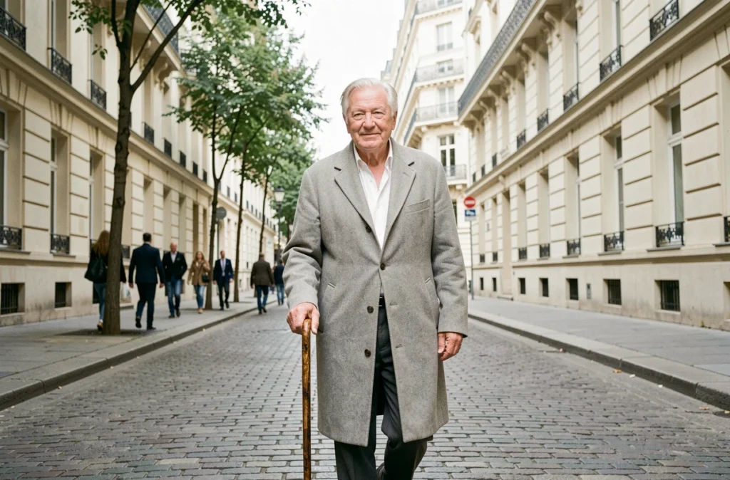 Homme politique âgé marchant avec une canne dans une rue parisienne haussmannienne, illustrant les questions de santé et de maladie liées à Alain Madelin