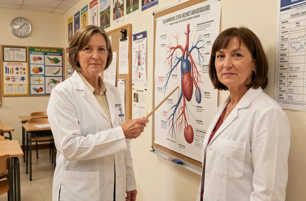 Enseignante en anatomie présentant le système circulatoire humain et le volume de sang dans le corps