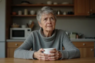 Femme d'une cinquantaine d'années pensive à table, exprimant l'angoisse liée à la crainte d'une récidive de cancer