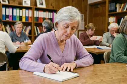 Une femme de plus de 70 ans participe à un atelier mémoire dans un centre communautaire, prenant des notes dans un carnet