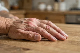 Gros plan d'une boule dure sur l'articulation du doigt d'une femme adulte, posée sur une table en bois