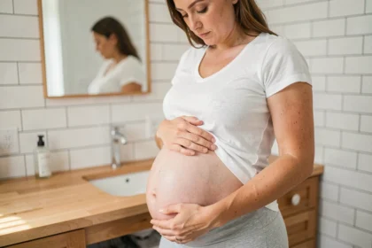 Femme enceinte observant les changements de sa peau sur son ventre dans une salle de bain lumineuse