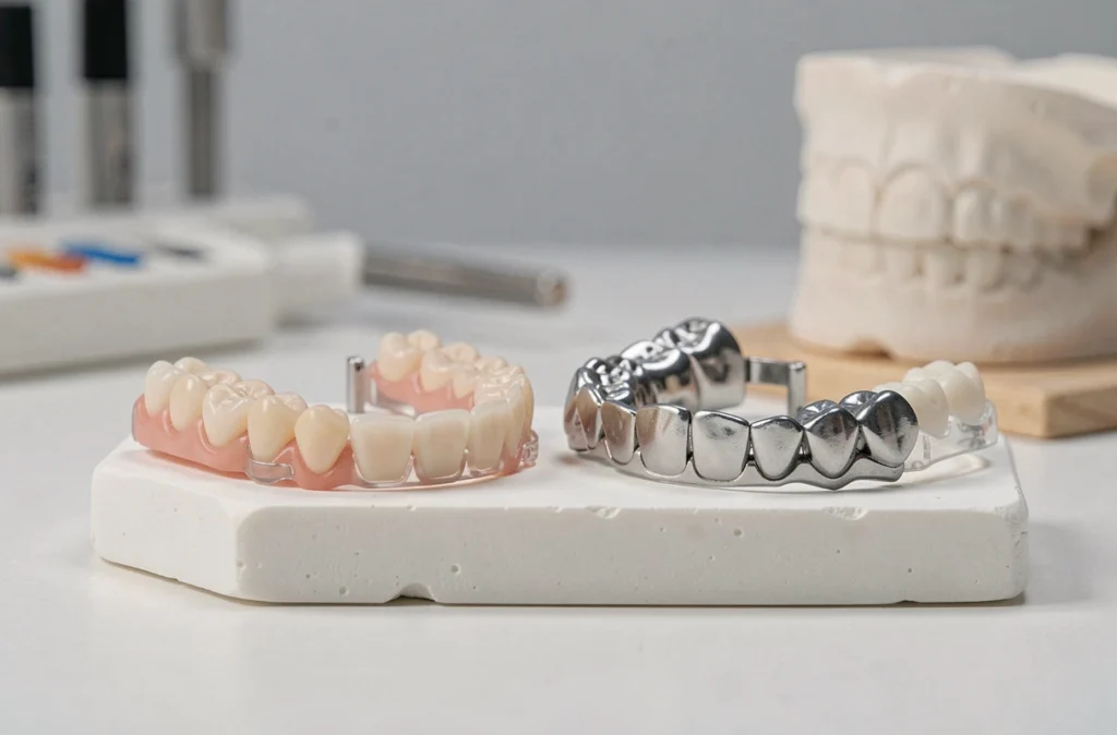 Comparaison de deux modèles de dentiers sans palais posés sur une surface blanche en laboratoire dentaire, montrant différents systèmes de crochets