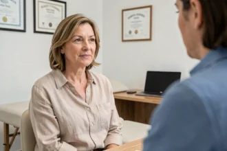 Femme d'âge mûr en consultation dermatologique pour le diagnostic et le traitement d'une verrue séborrhéique