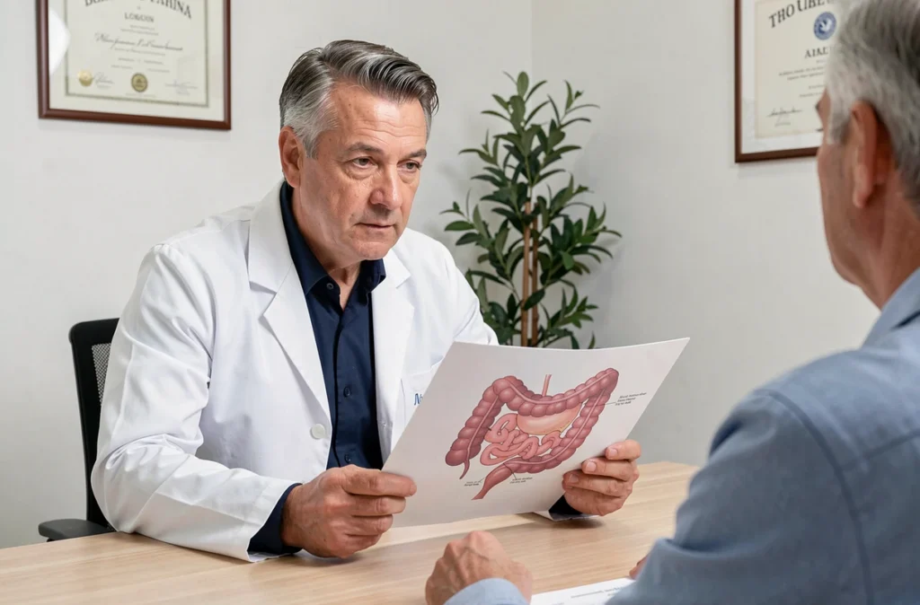 Médecin gastroentérologue en consultation expliquant les causes émotionnelles des diverticules à un patient dans un cabinet médical moderne