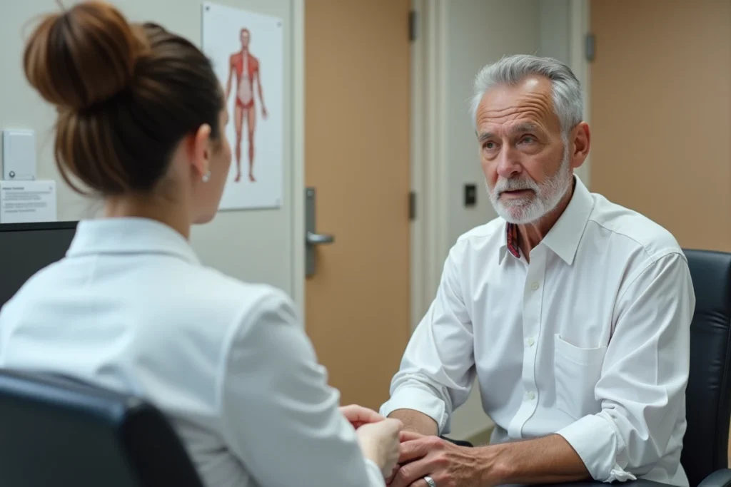 Patient homme âgé en consultation médicale avec son oncologue pour discuter du risque de récidive de cancer