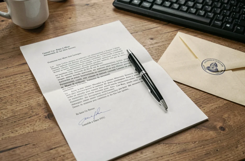 Gros plan d'un courrier administratif formel de contestation de reprise du travail avec stylo et enveloppe timbrée sur un bureau en bois