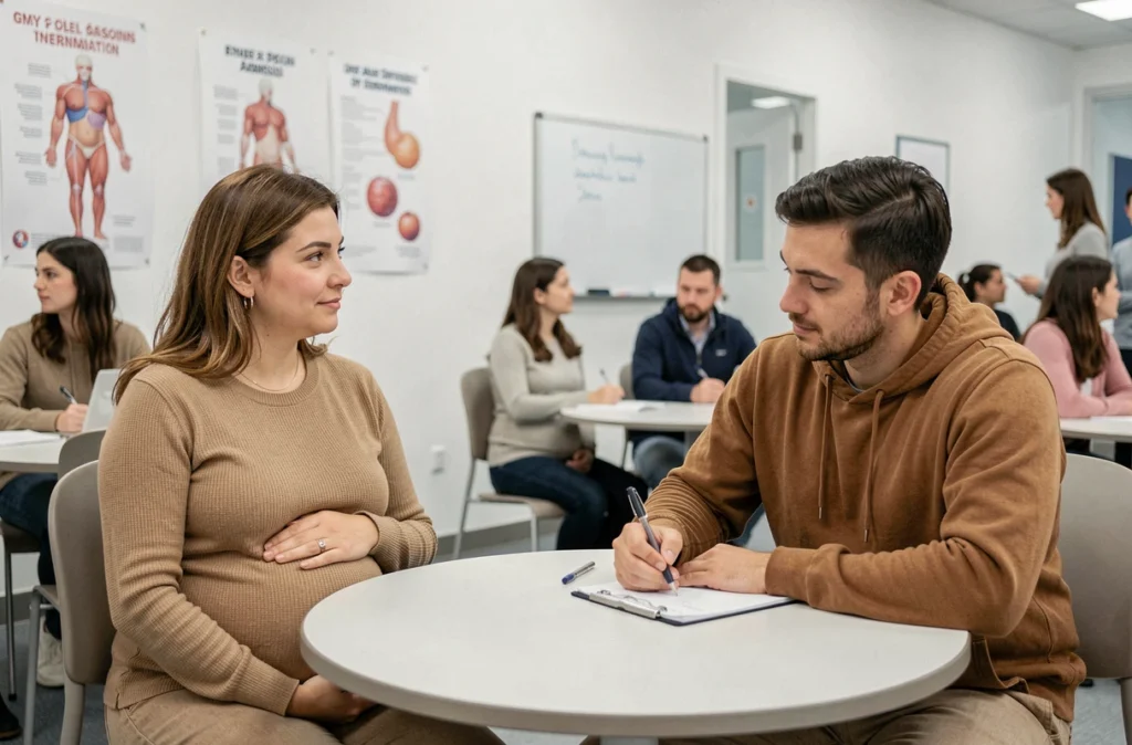 Couple de futurs parents participant ensemble à un cours de préparation à la naissance dans un centre médical moderne