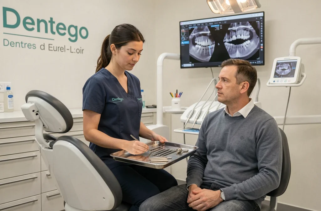 Assistante dentaire préparant une salle de soins au centre dentaire Dentego Chartres en Eure-et-Loir