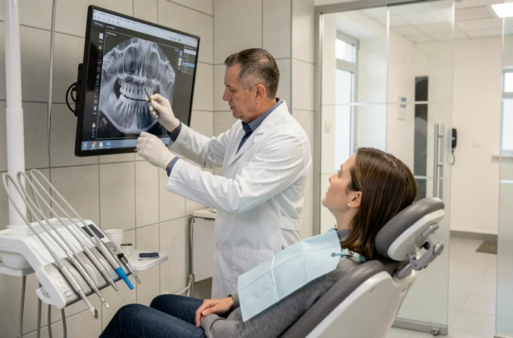 Dentiste consultant une patiente dans une salle de soins du centre dentaire pluridisciplinaire Dentego Tours