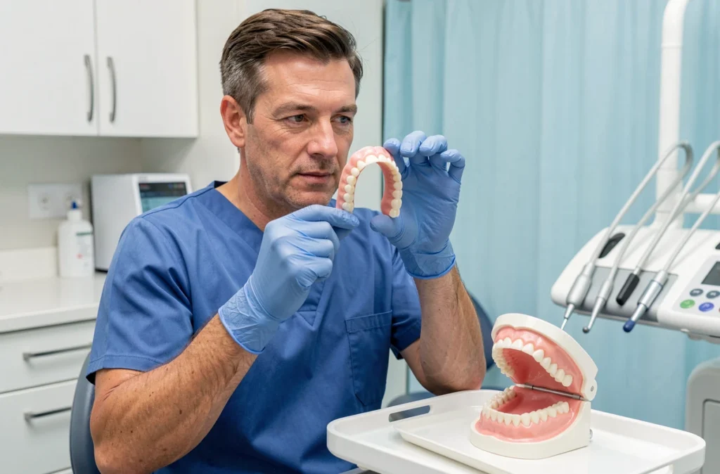 Dentiste en cabinet tenant un dentier sans palais et sans implant au-dessus d'un modèle dentaire lors d'une consultation professionnelle