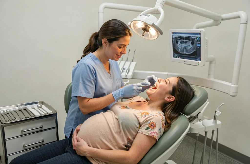 Dentiste en blouse bleue examinant les dents d'une patiente enceinte allongée dans le fauteuil dentaire, dans un cabinet dentaire moderne
