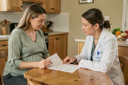 Femme enceinte consultant une diététicienne pour un suivi nutritionnel personnalisé du diabète gestationnel