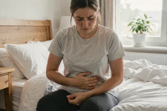 Femme tenant son côté gauche bas du ventre assise sur le bord d'un lit, exprimant une douleur abdominale chronique
