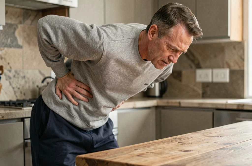 Homme penché en avant dans une cuisine souffrant d'une douleur abdominale et dorsale liée au pancréas