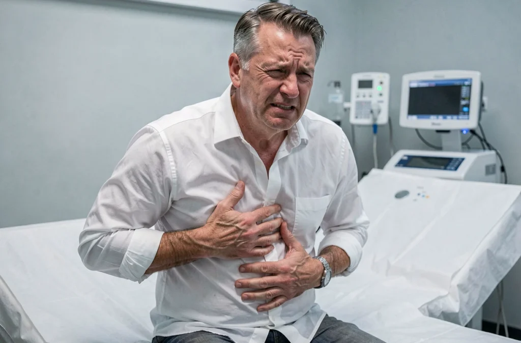 Patient adulte en cabinet médical exprimant une douleur à l'abdomen supérieur évocatrice du pancréas