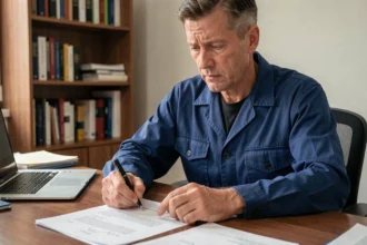 Employé en tenue de travail rédigeant un courrier de contestation après un accident de travail à son bureau à domicile