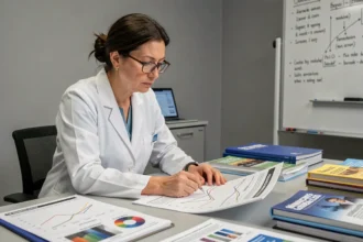 Épidémiologiste analysant des graphiques de suivi de variant Covid dans un laboratoire de recherche