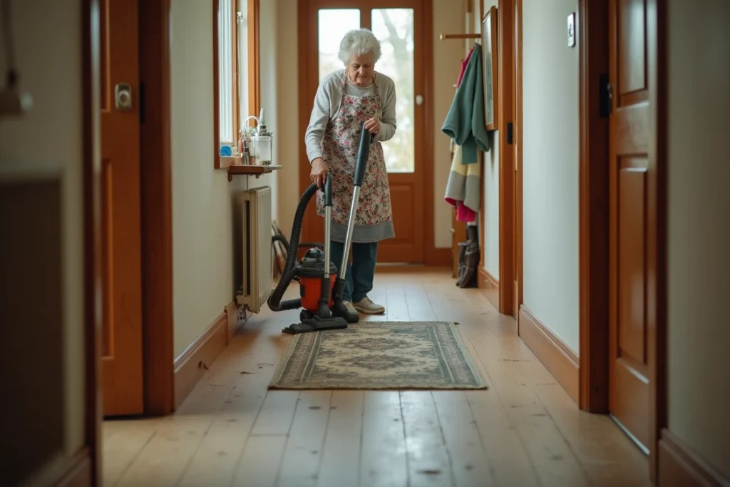 Femme passant l'aspirateur dans un couloir avec un sac plein favorisant sans le savoir la survie des puces