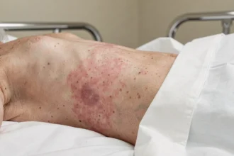 Escarre stade 1 sur la région sacrée d'un patient âgé : rougeur cutanée persistante sans plaie ouverte, peau intacte avec légère érythème, photographie médicale réaliste