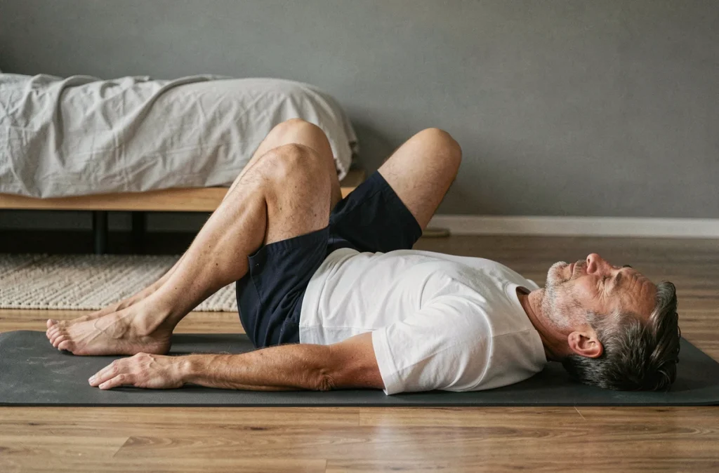 Homme allongé sur un tapis de yoga au sol pratiquant un étirement du piriforme pour calmer la sciatique avant de dormir