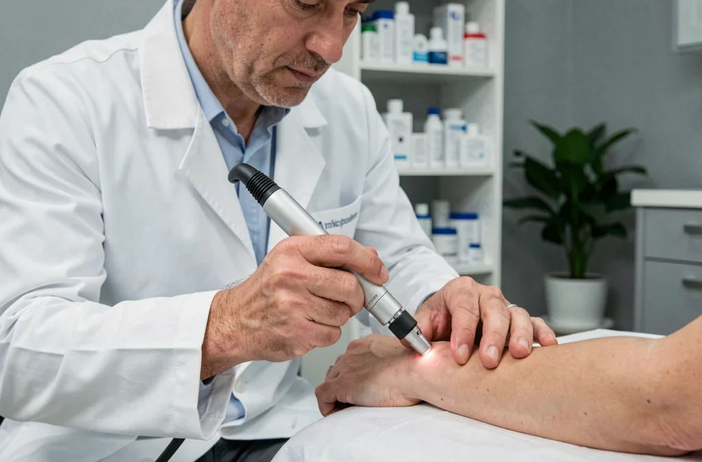 Dermatologue utilisant un dermatoscope pour examiner une verrue séborrhéique sur le bras d'un patient