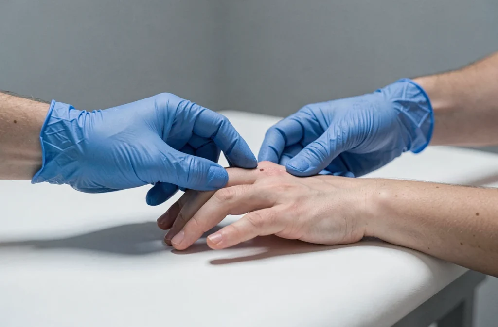 Professionnel de santé examinant une boule sur l'articulation du doigt d'un patient en cabinet médical