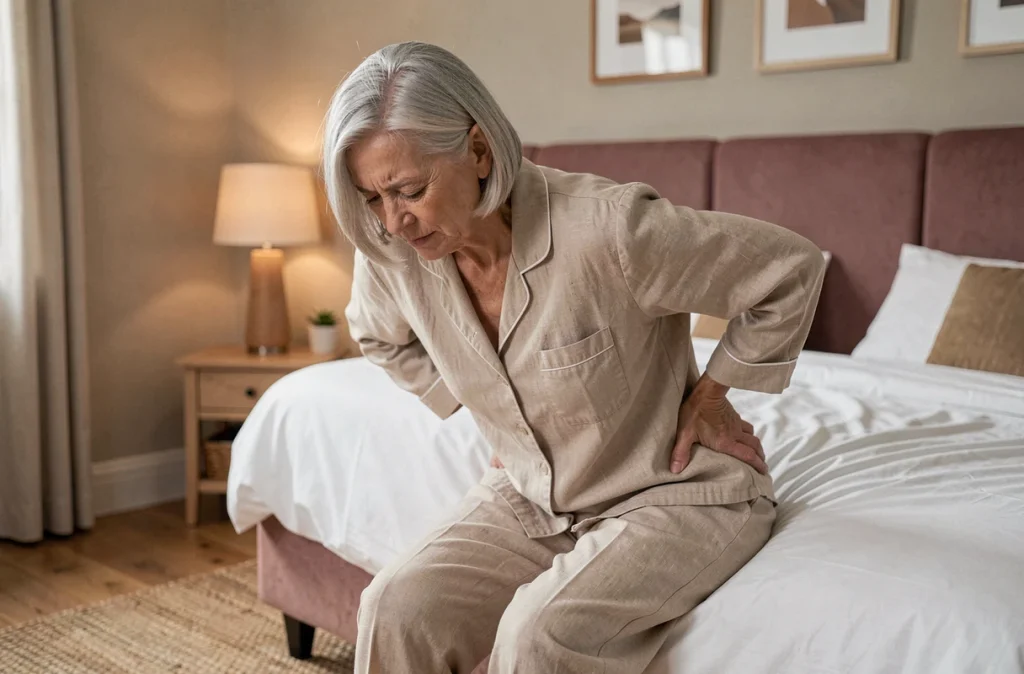 Femme âgée assise au bord du lit les mains dans le bas du dos souffrant de sciatique nocturne