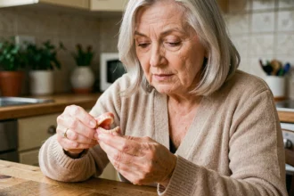 Femme âgée tenant un dentier sans palais dans ses mains à la table de cuisine, examinant la prothèse dentaire avec attention