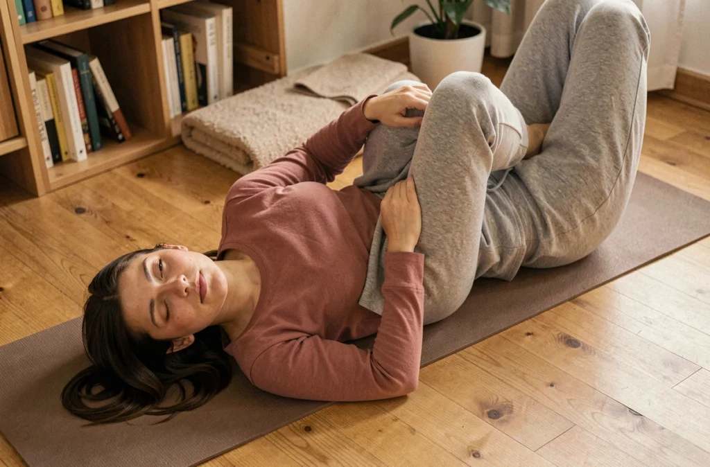 Jeune femme allongée sur un tapis de yoga avec la main sur le bas ventre gauche, illustrant une douleur abdominale chronique au quotidien