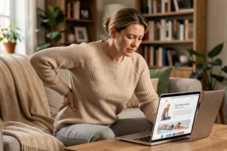 Femme d'âge mûr souffrant de douleurs lombaires chroniques consultant un service de kinésithérapie en ligne depuis son salon