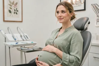 Femme enceinte souriante assise dans un fauteuil dentaire moderne, les mains posées sur son ventre arrondi, lors d'une consultation dentaire prénatale