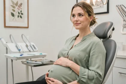 Femme enceinte souriante assise dans un fauteuil dentaire moderne, les mains posées sur son ventre arrondi, lors d'une consultation dentaire prénatale