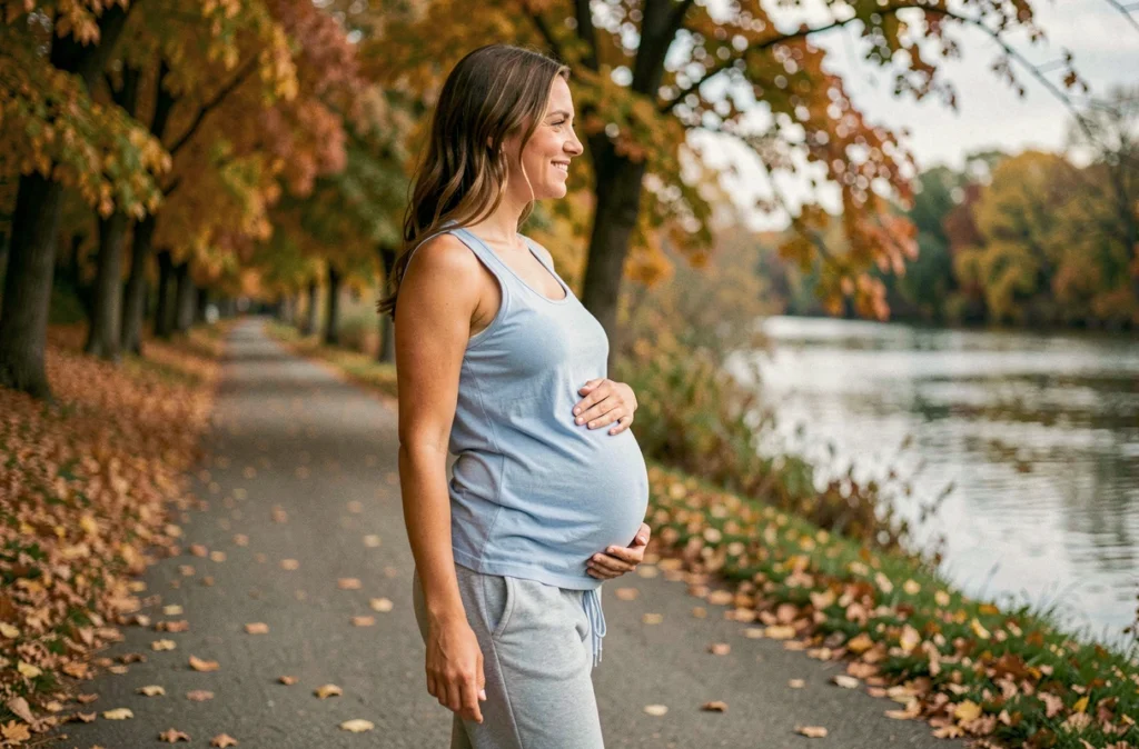 Femme enceinte se promenant sur un chemin en bord de rivière en automne, main sur le ventre