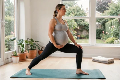 Femme enceinte pratiquant le yoga prénatal dans un studio lumineux avec parquet en bois
