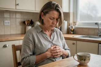 Femme d'âge mûr assise à sa table de cuisine, les mains sur l'abdomen, illustrant l'inconfort digestif lié aux diverticules et aux causes émotionnelles