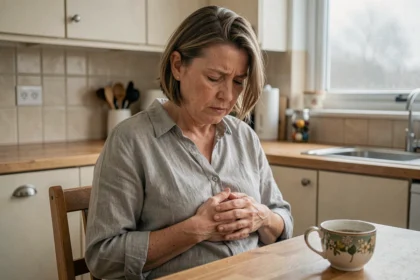 Femme d'âge mûr assise à sa table de cuisine, les mains sur l'abdomen, illustrant l'inconfort digestif lié aux diverticules et aux causes émotionnelles