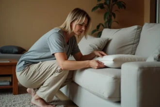 Femme inspectant les coutures d'un canapé en tissu pour détecter une infestation de puces humaines à domicile