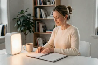 Femme utilisant une lampe de luminothérapie sur son bureau à domicile pendant l'hiver