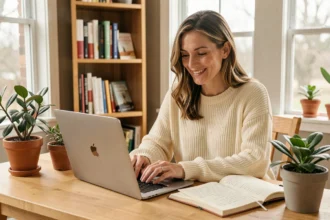 Femme lisant le blog Positivia.fr sur un ordinateur portable dans un bureau cosy avec des plantes et un journal personnel