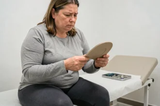 Femme en surpoids tenant une semelle orthopédique dans un cabinet de podologie pour soulager l'épine calcanéenne