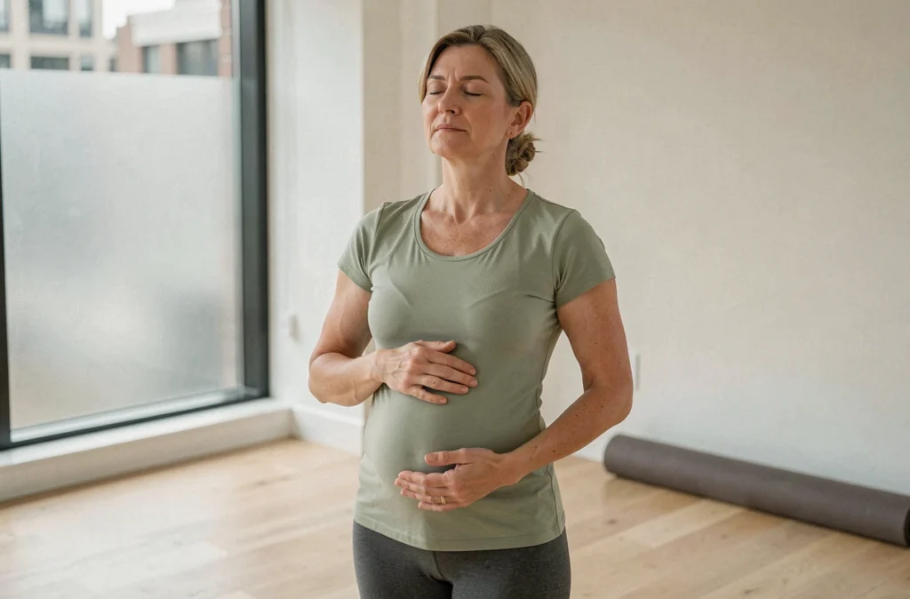 Femme pratiquant une respiration abdominale consciente dans un studio de yoga, illustrant la gestion du stress émotionnel associé aux diverticules