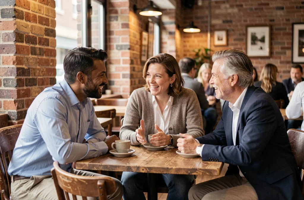 Groupe de personnes discutant positivement autour d'un café, inspirées par des articles de développement personnel et de pensée positive