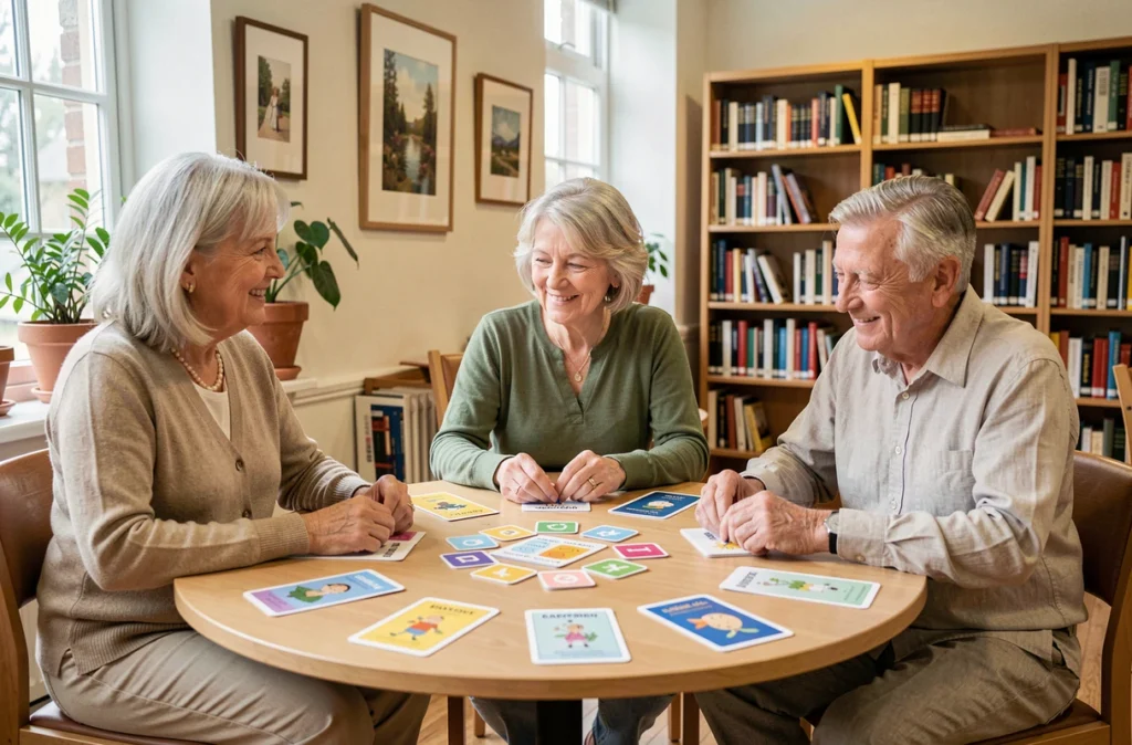 Un groupe de seniors collaborent autour d'exercices de mémoire avec des cartes illustrées dans une bibliothèque
