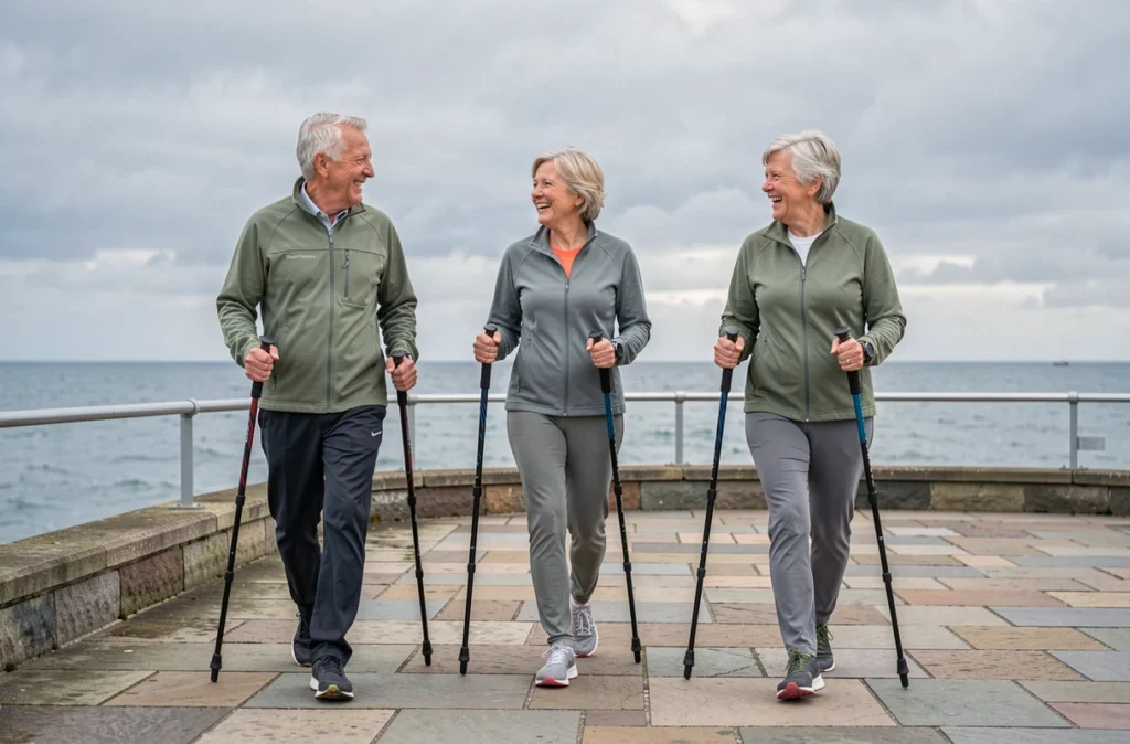 Groupe de seniors pratiquant la marche nordique en bord de mer avec des bâtons de randonnée