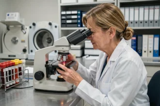 Hématologue examinant un frottis sanguin au microscope pour diagnostiquer une anémie macrocytaire avec un VGM élevé