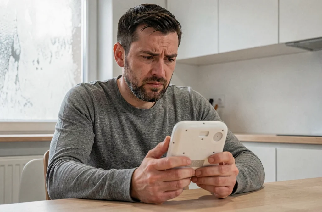 Homme examinant de près une lampe de luminothérapie dans une cuisine moderne